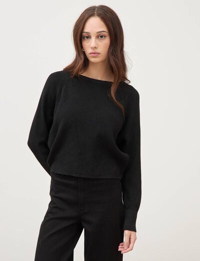Pull droit col bateau manches longues noir femme
