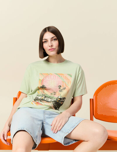 T-shirt oversize mi-long col rond vert clair femme