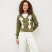 Pull col v manches longues vert femme
