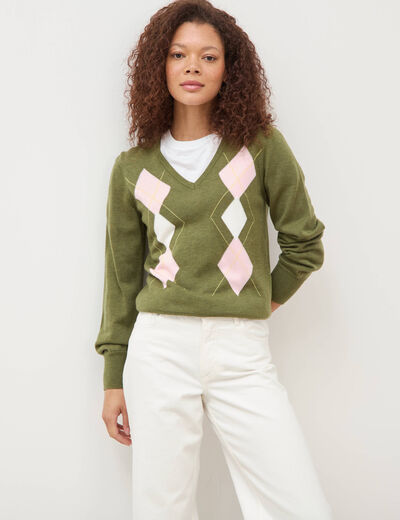 Pull col v manches longues vert femme