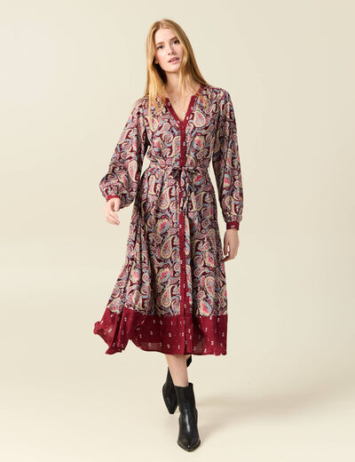 Robe midi chemise évasée rouge foncé femme