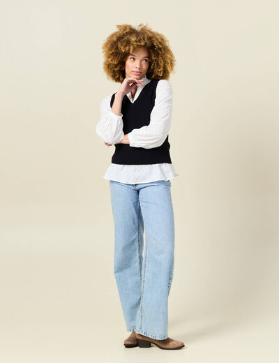 Pull sans manches col en V bleu marine femme