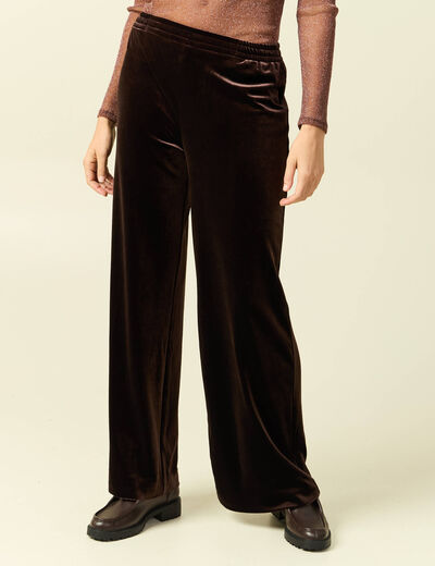 Pantalon large taille haute en velours marron fonc&eacute; femme