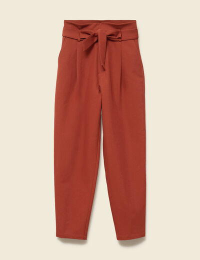 Pantalon carotte taille haute marron cognac femme
