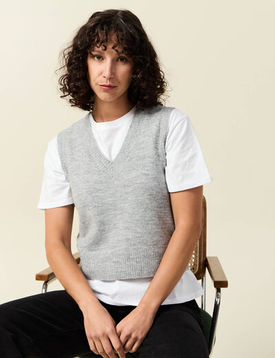 Pull sans manches col en V gris clair femme