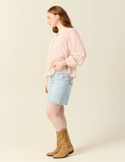 Blouse manches longues brodée rose poudrée femme