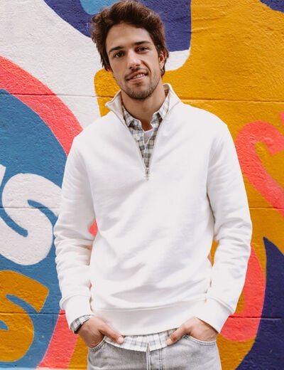 Sweat col montant manches longues ecru homme