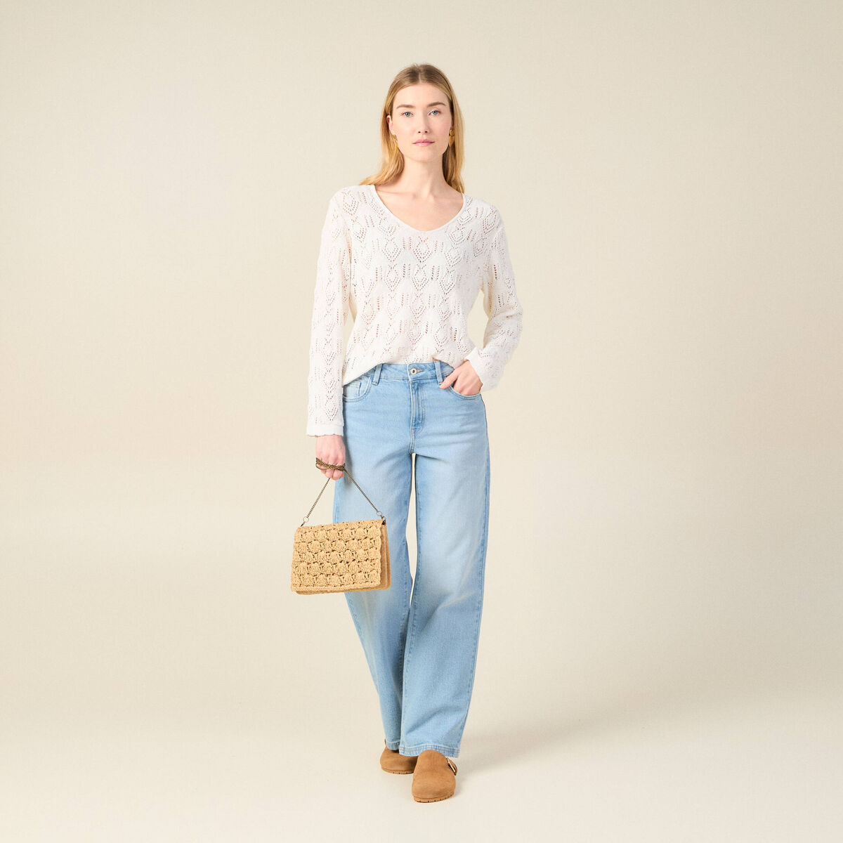 Pull ajour&eacute; col v manches longues ecru femme