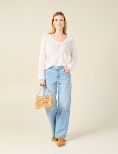 Pull ajour&eacute; col v manches longues ecru femme