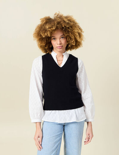 Pull sans manches col en V bleu marine femme