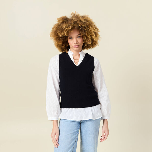 Pull sans manches col en V bleu marine femme