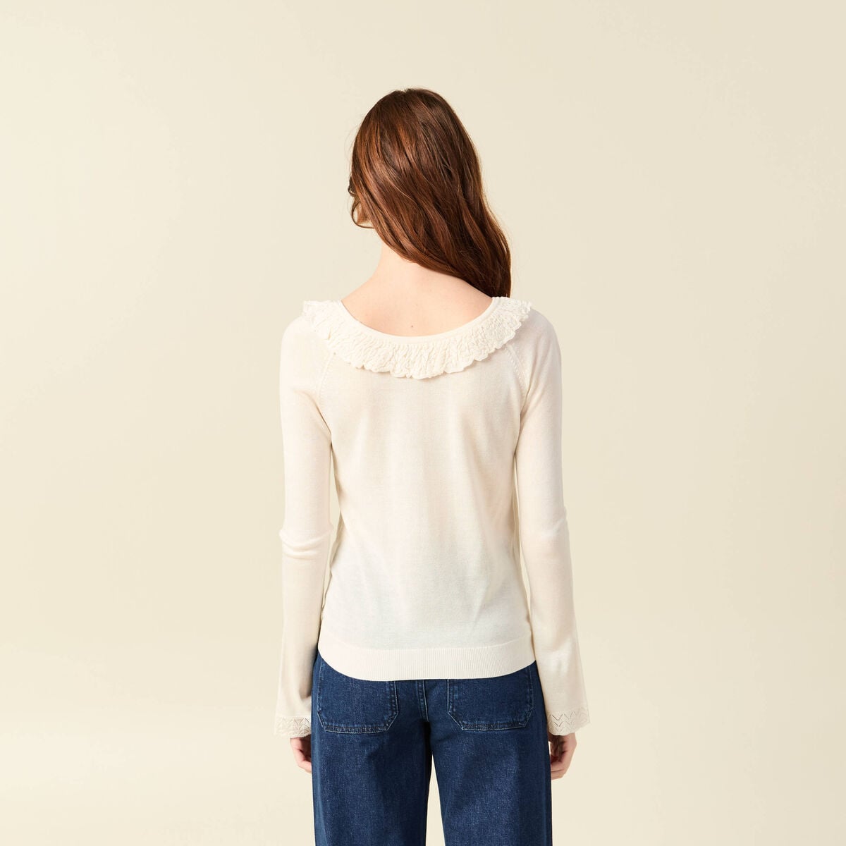 Pull col rond &agrave; volants manches longues ivoire femme