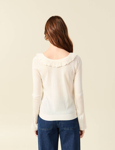 Pull col rond &agrave; volants manches longues ivoire femme