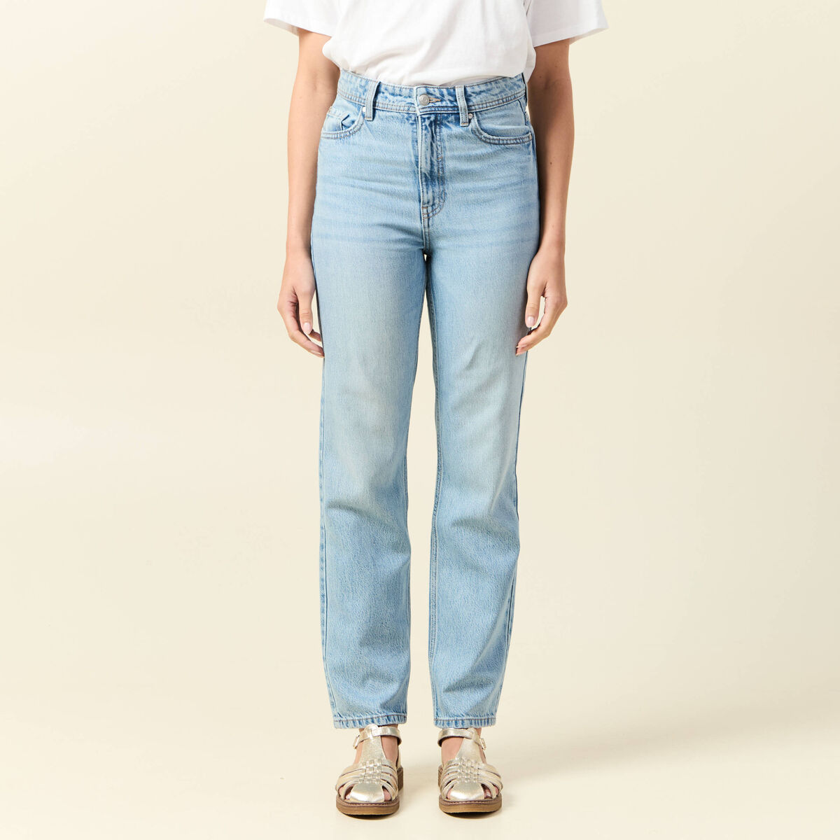 Jeans straight taille haute 7/8&egrave;me denim baby bleu femme