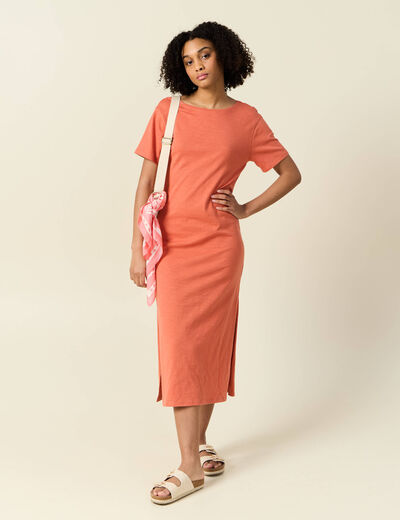 Robe longue droite col rond terracotta femme
