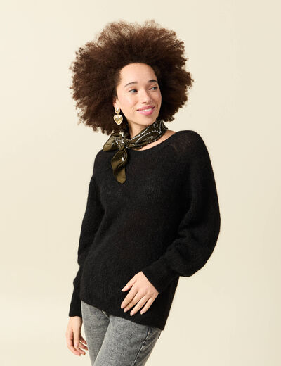 Pull manches longues col rond noir femme