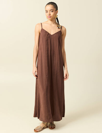 Robe bretelle col v fluide marron fonc&eacute; femme