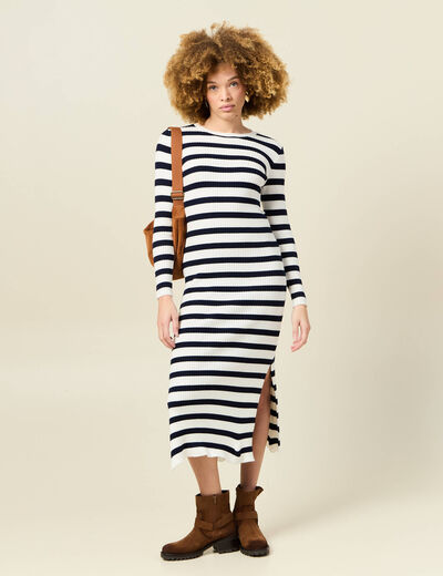 Robe tricot longue ajustée bleu marine femme
