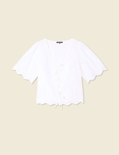 Blouse manches courtes brodée ecru femme