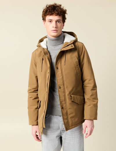 Parka droite mi-longue &agrave; capuche beige homme