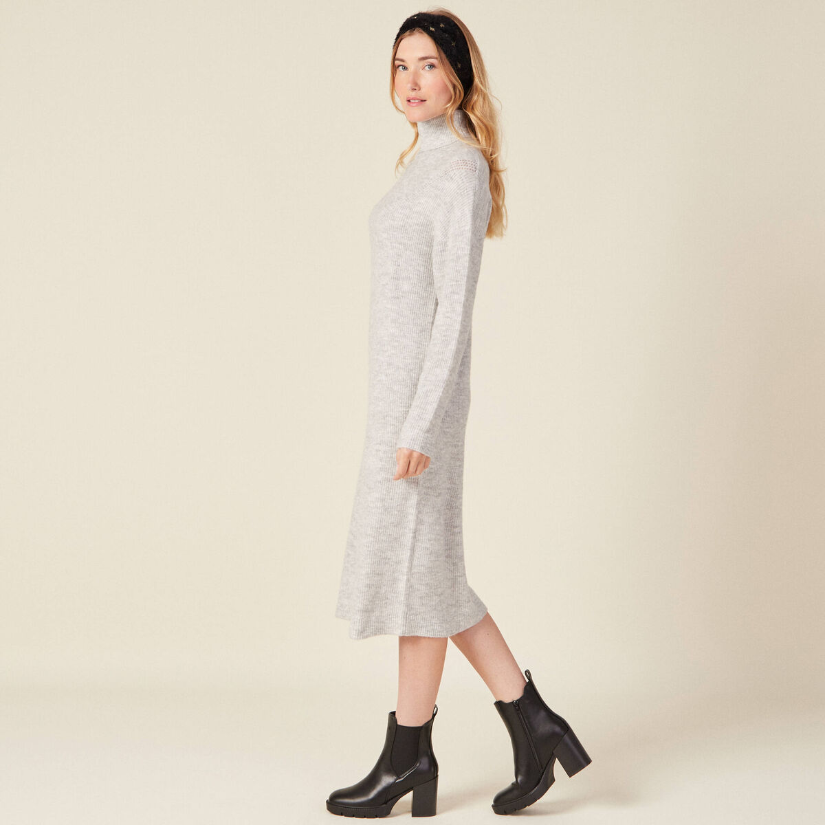 Robe pull longue col roulé gris femme