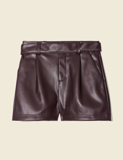 Short similicuir ceinturé marron foncé femme