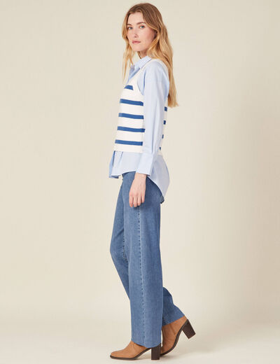 Pull droit court sans manches col v ecru femme