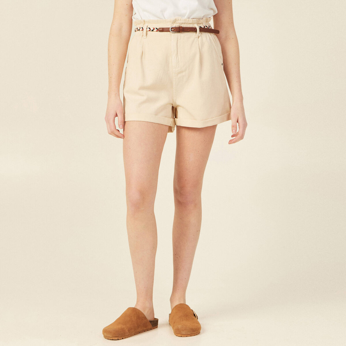 Short paperbag ceinturé creme femme