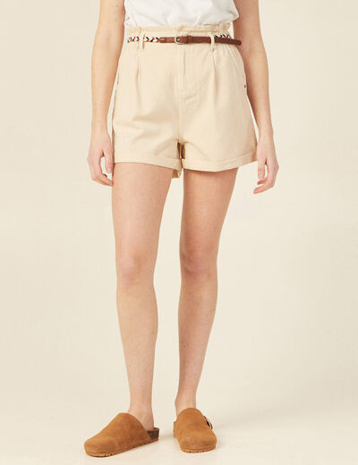 Short paperbag ceinturé creme femme
