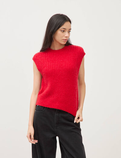 Pull droit sans manches col rond rouge femme