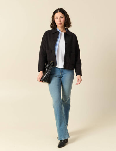 Cardigan droit court col classique gris fonc&eacute; femme