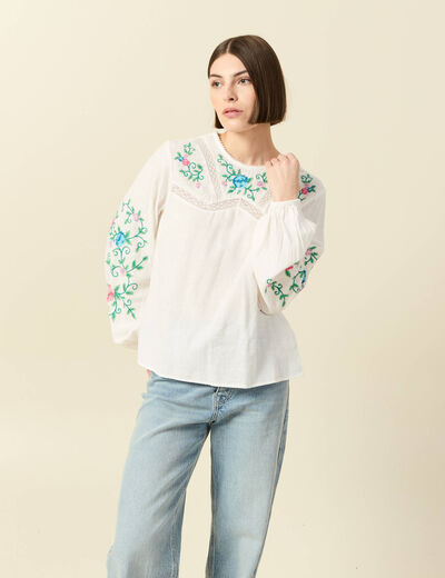 Chemise bord&eacute;e en coton manches longues ecru femme