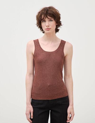 D&eacute;bardeur droit court col rond bretelles marron cognac femme