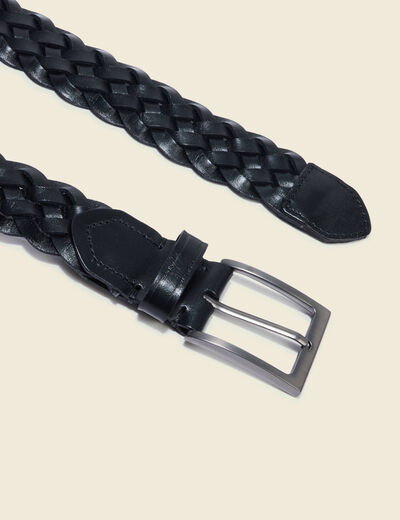 Ceinture large tress&eacute;e en cuir noir homme