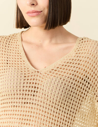 Pull manches courtes ajouré creme femme