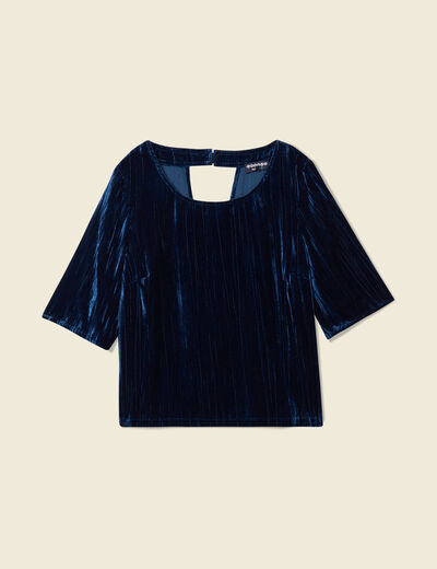 Blouse ajust&eacute;e manches courtes velours bleu canard femme