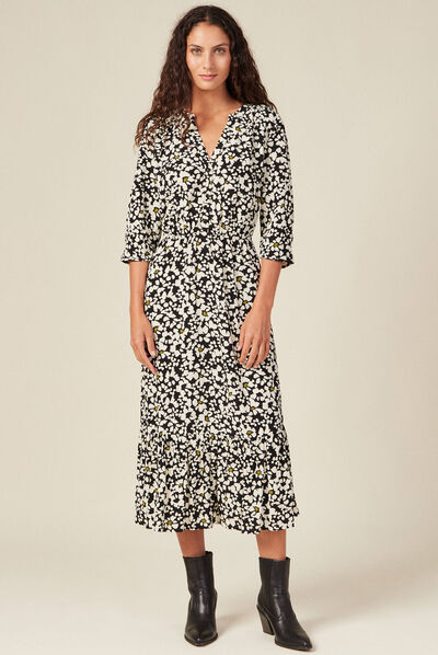 Robe longue évasée volantée noir femme