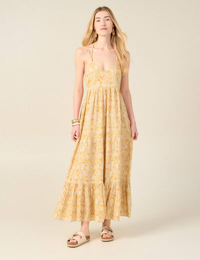 Robe longue évasée bretelles jaune femme