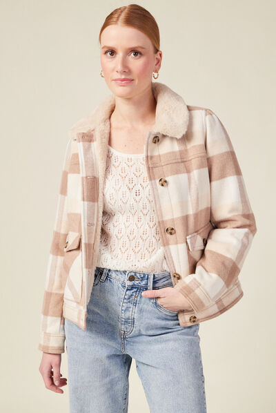 Blouson droit col fourrure marron clair femme