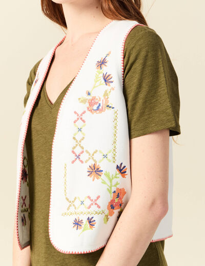 Cardigan droit court brod&eacute; sans manches ecru femme