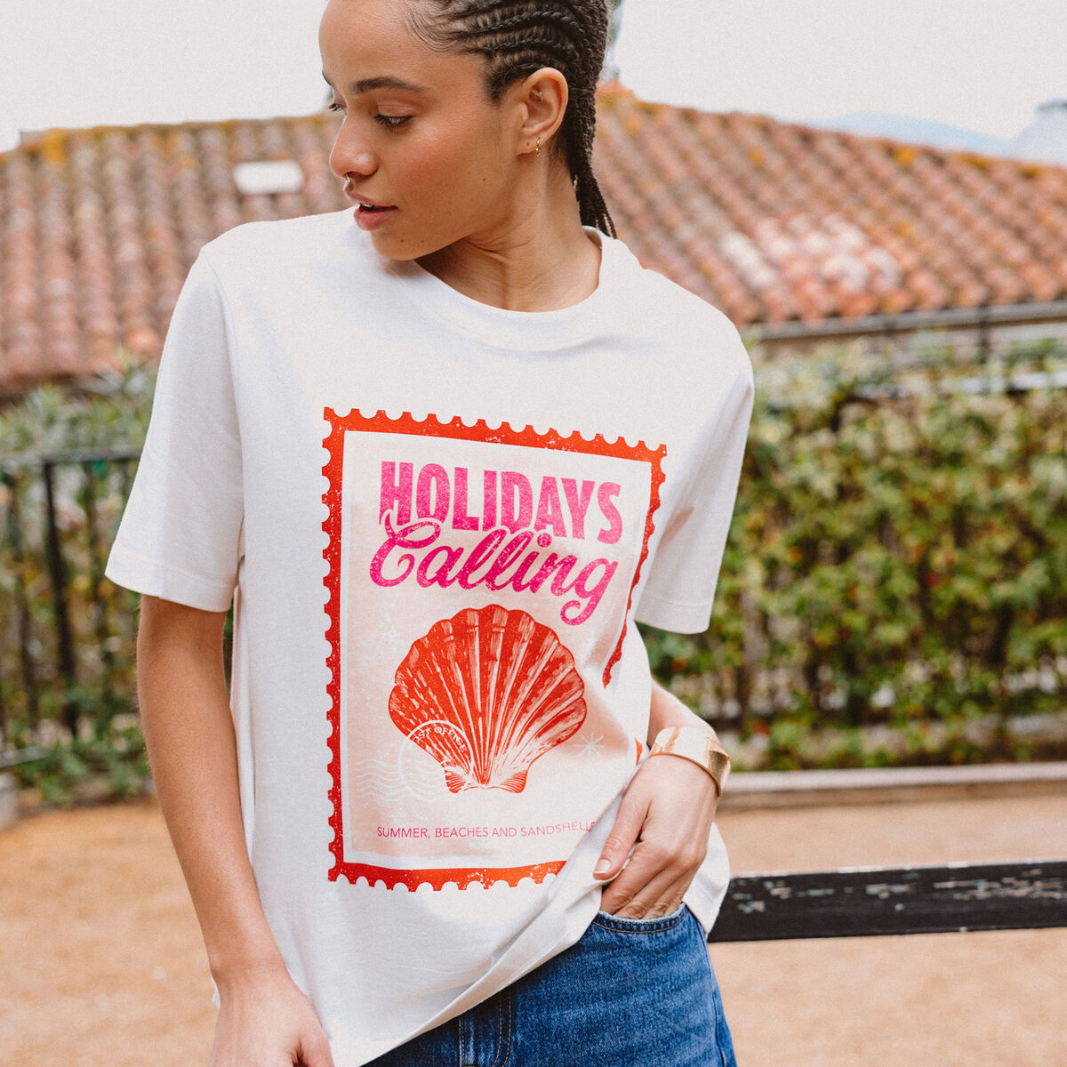 T-shirt droit en coton manches courtes ecru femme