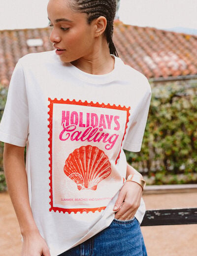 T-shirt droit en coton manches courtes ecru femme