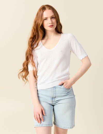 Pull manches courtes ajouré blanc femme