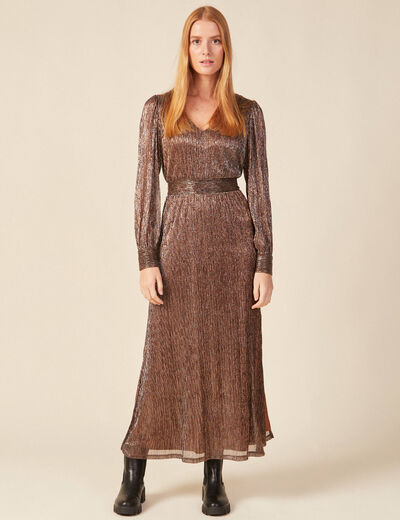 Robe longue évasée col en V marron cognac femme