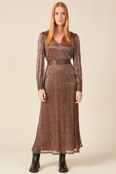 Robe longue évasée col en V marron cognac femme