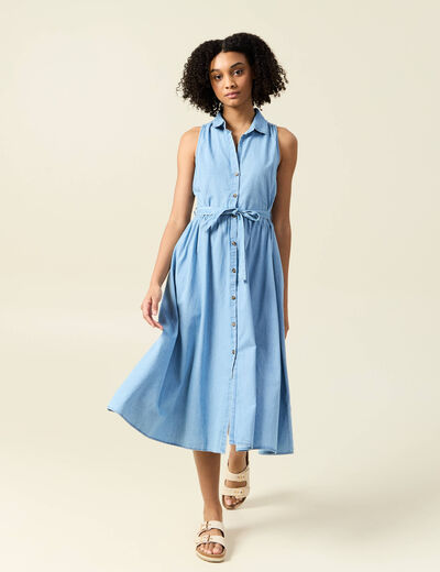 Robe longue trapèze jean denim bleach femme