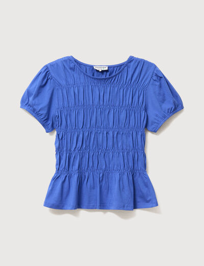 T-shirt fronc&eacute; col rond manches courtes bleu electrique femme