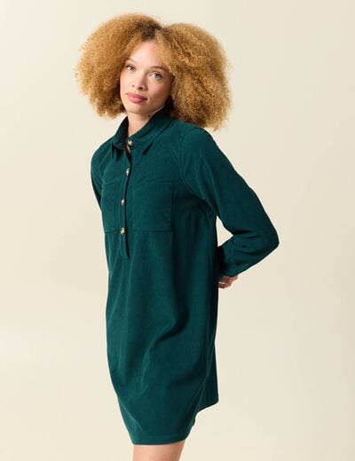 Robe droite velours col polo vert fonc&eacute; femme