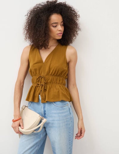 D&eacute;bardeur col v n&oelig;uds en coton vert olive femme