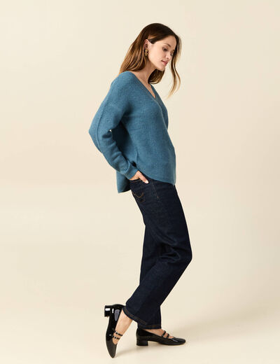 Pull manches longues col en V bleu gris femme